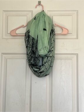 Mint Green Infinity Scarf with Black Crows and Branch Print